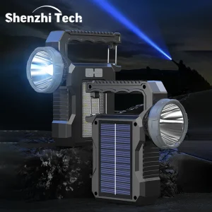 Solar Portable Powerful Rechargeable Flashlight Searchlight With COB Work Light Lantern Outdoor Camping Lamp Hiking Fishing Emer