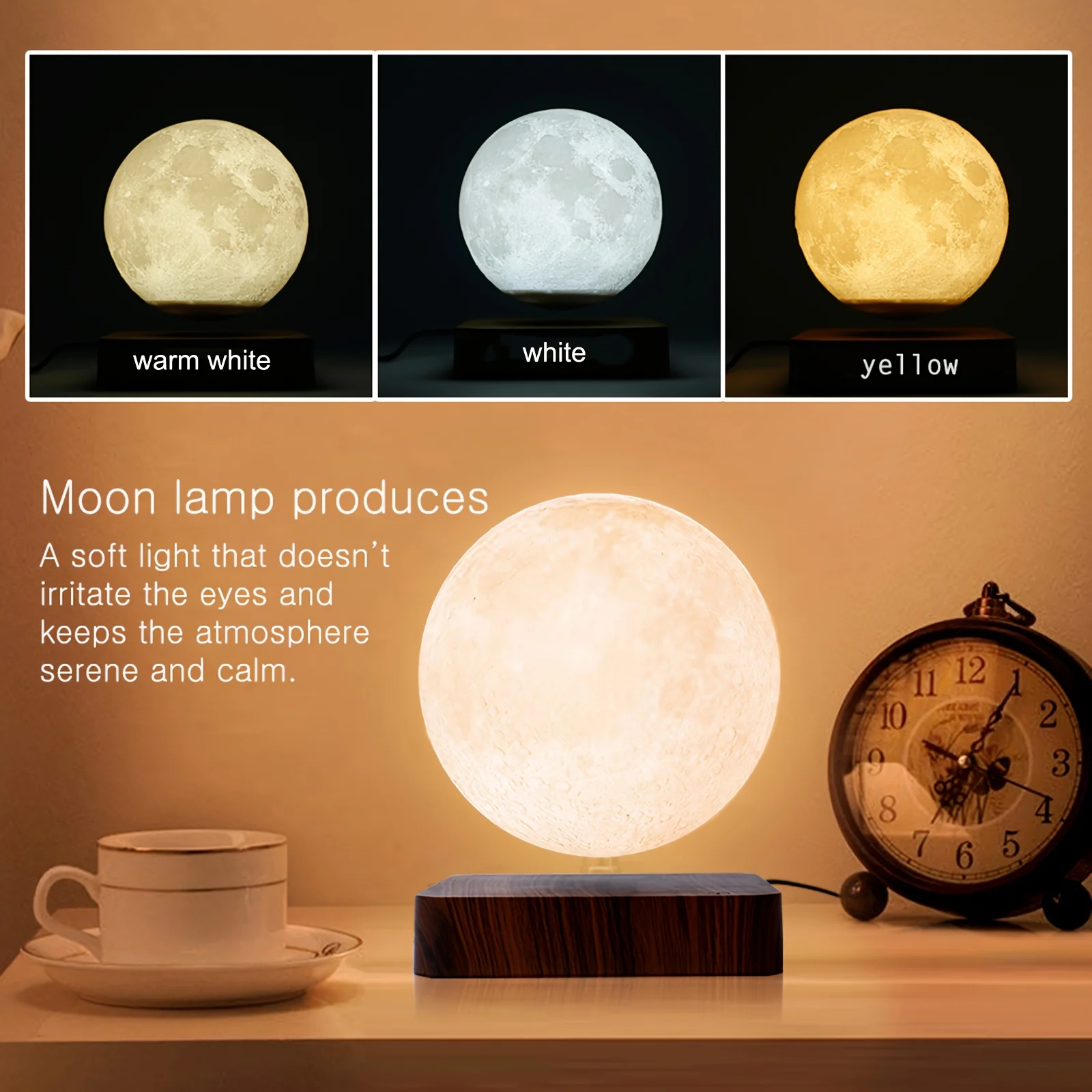 Magnetic Floating Rotating Moon Lamp with Wooden Base, 3 Color Temperature LED Night Lights of Print 3D for Unique Gifts, Room - Image 2