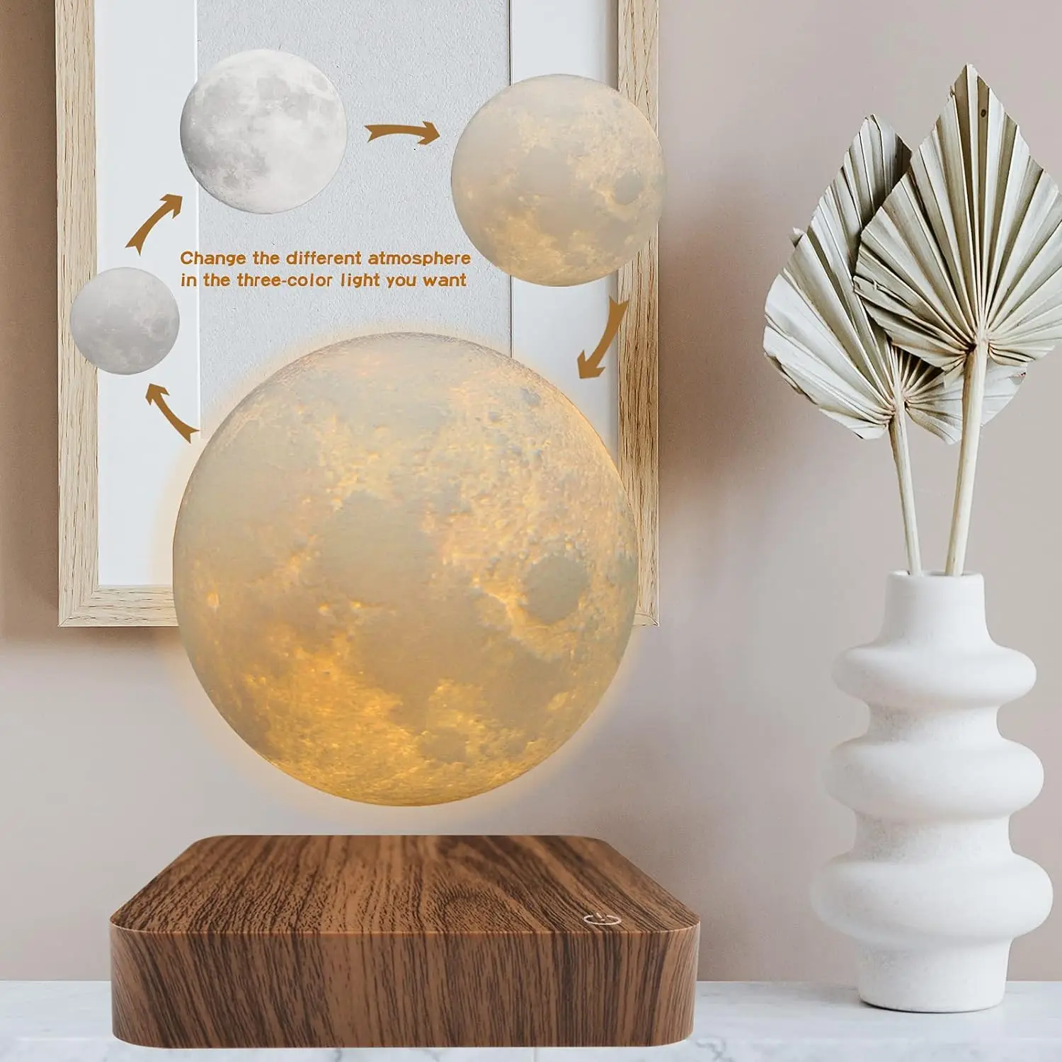 Magnetic Floating Rotating Moon Lamp with Wooden Base, 3 Color Temperature LED Night Lights of Print 3D for Unique Gifts, Room - Image 3